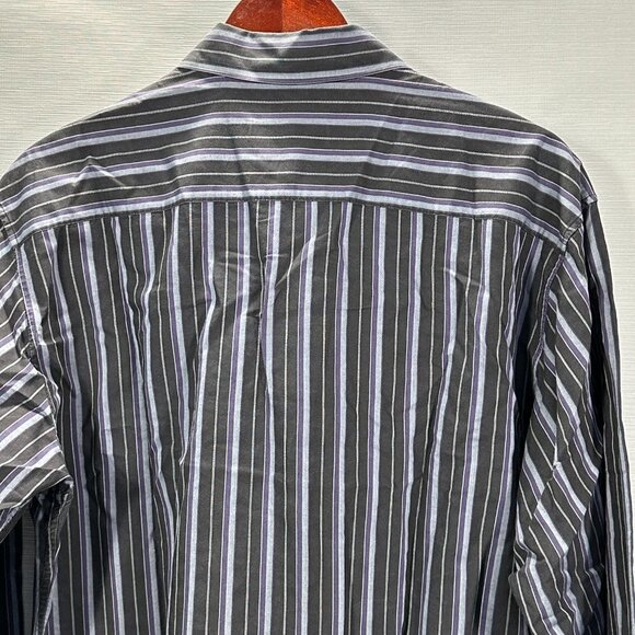 Z Zegna Mens 17 Purple Black Stripe Cotton Long Sleeve Button Up Button Cuffs - Picture 8 of 10
